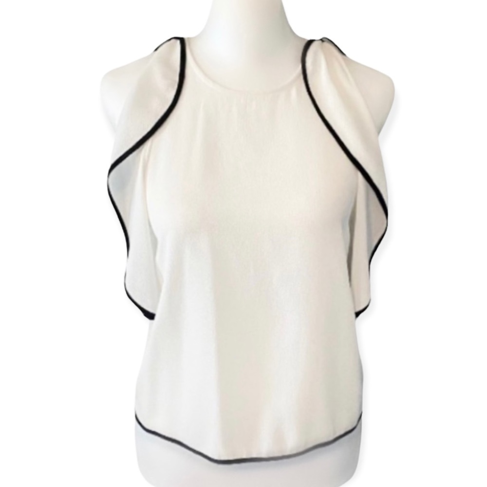Zara W&B Collection White Flutter Sleeve Blouse Top with Black Trim size small